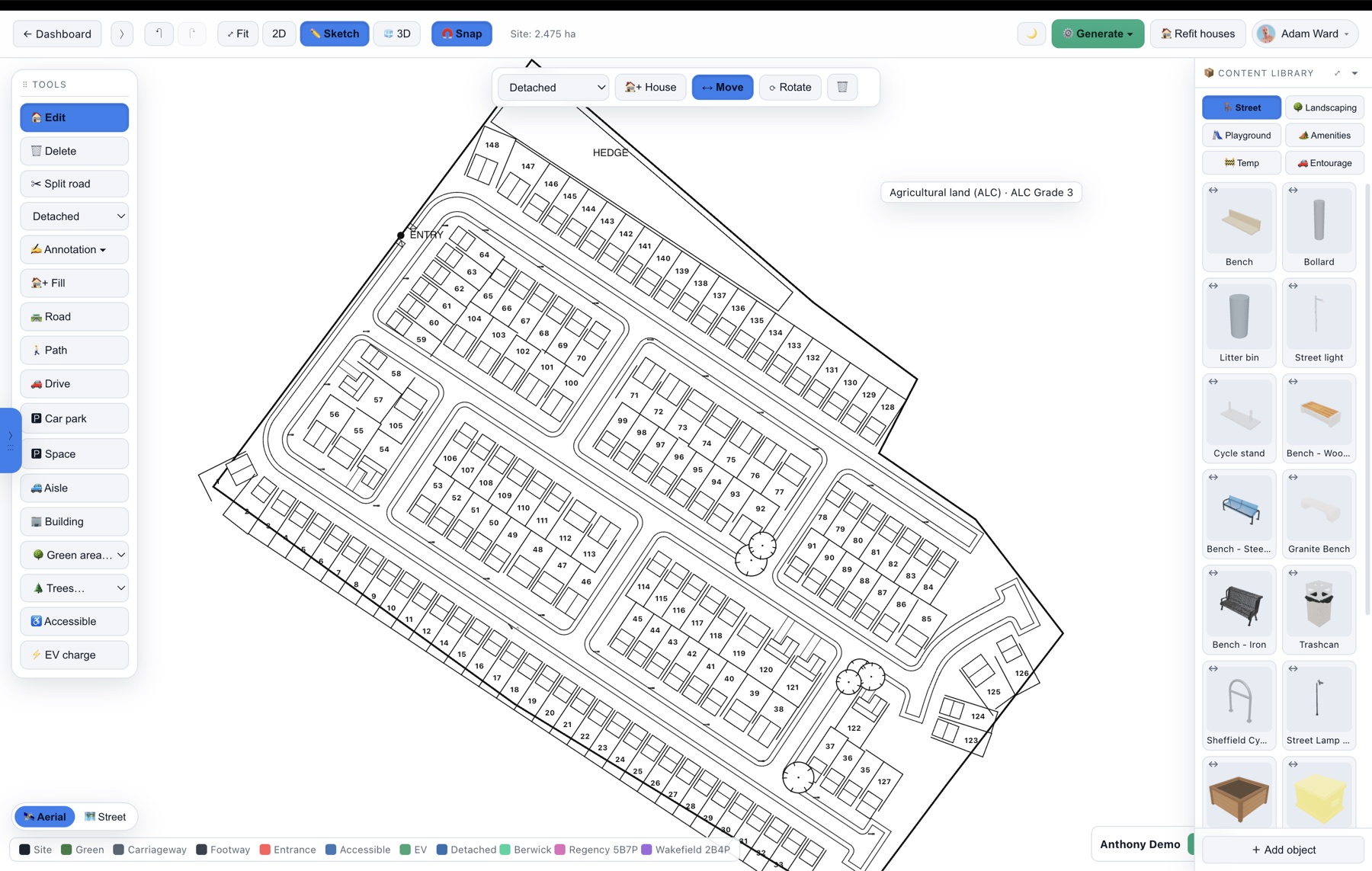 A Gen 1 ladder-grid layout — parallel access streets with houses packed along them.