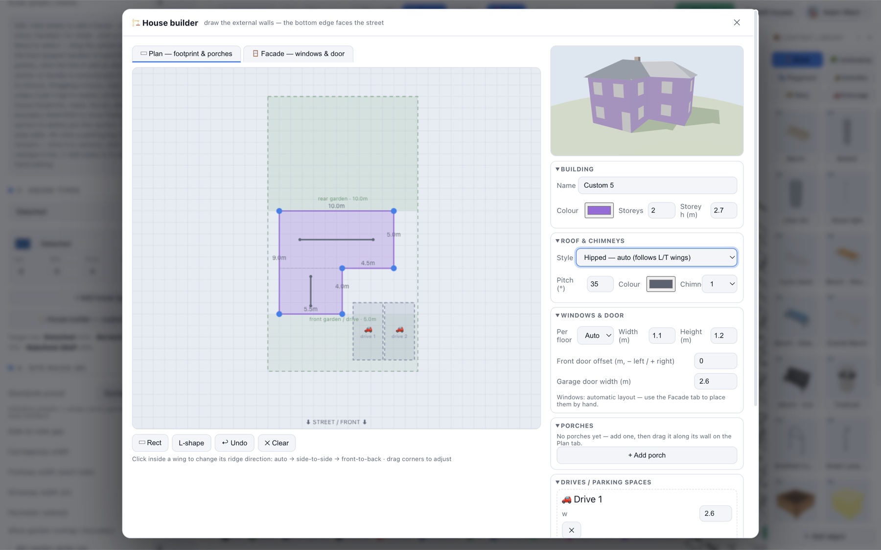 The house builder modal with its live 3D preview.