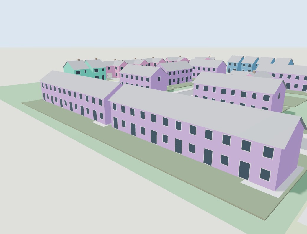 A generated terrace: one continuous roof, gable ends only at the ends of the run.