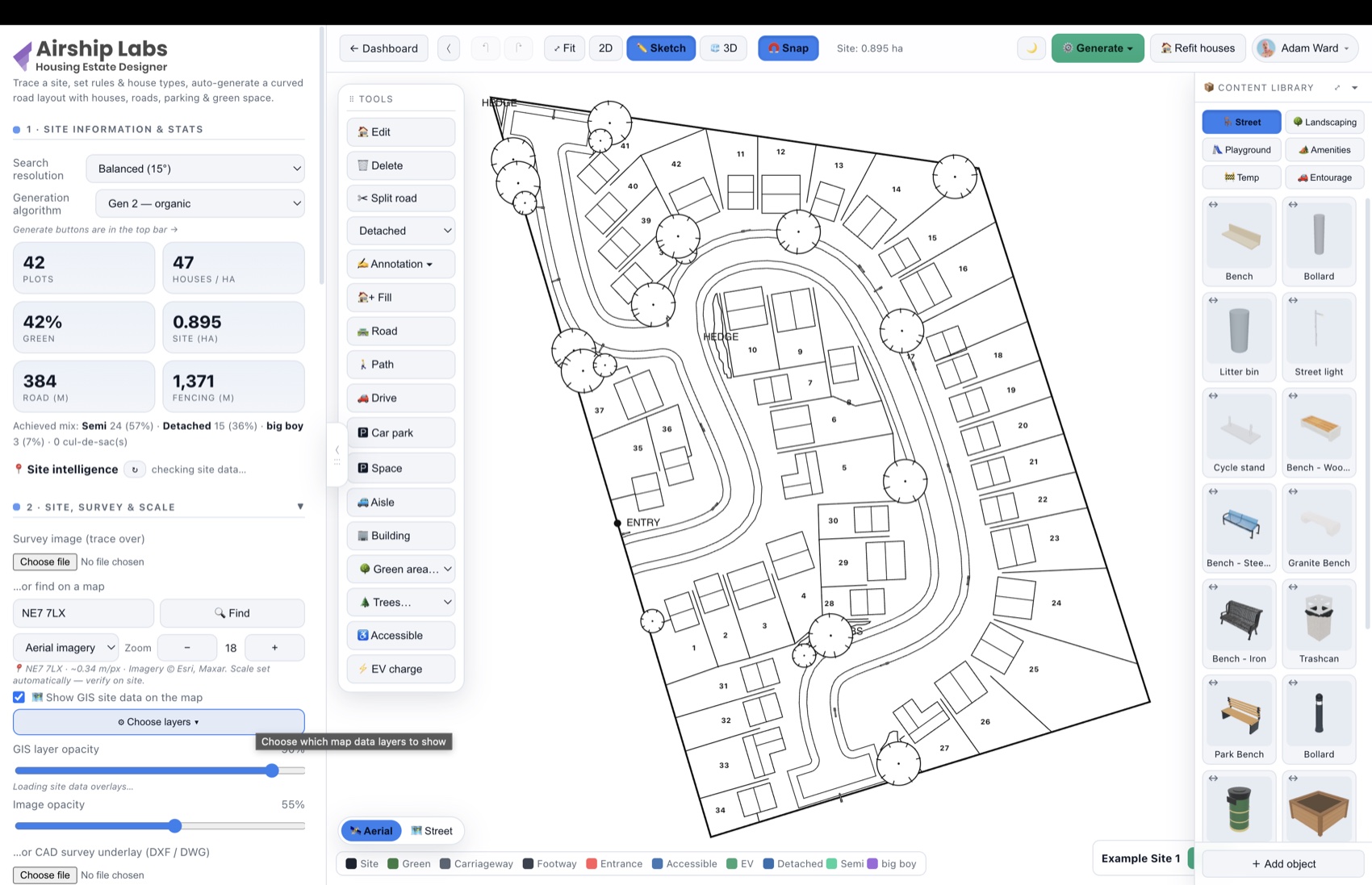 A generated housing-estate layout in Airship Site Designer's black-and-white planning sketch view