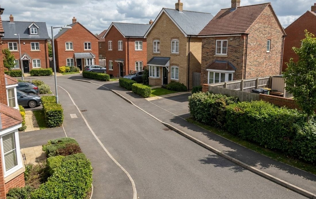 Photorealistic AI street-level render of the same estate
