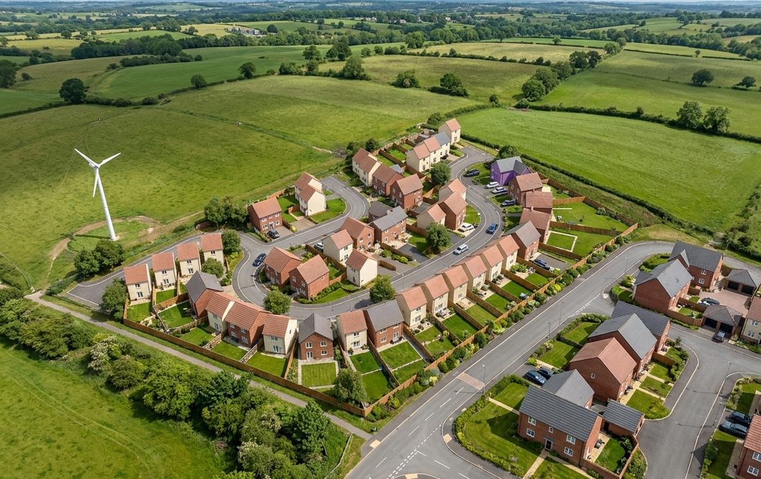 Photorealistic AI aerial render of the same estate