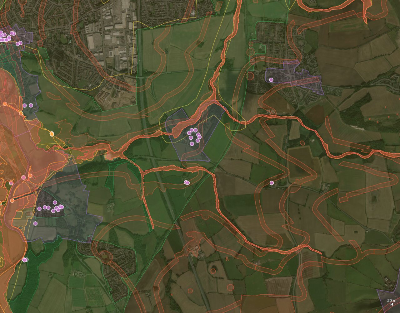 GIS site-data layers — flood zones, green belt, conservation areas, coal-mining risk and listed buildings — overlaid on aerial imagery in Airship Site Designer